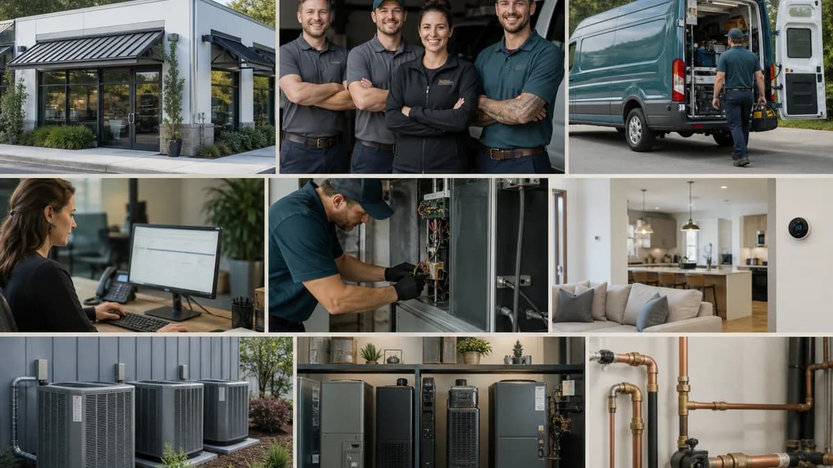 Illustration showing authentic photographs of a local business, team, equipment, and completed work