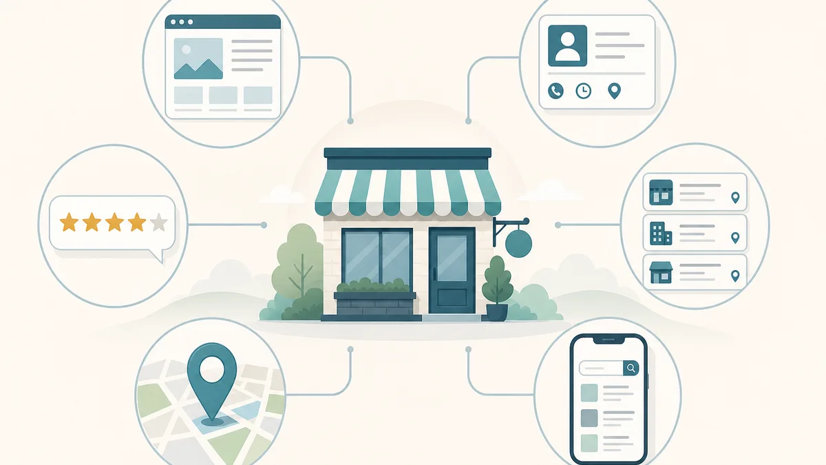 Illustration showing the main online signals that help search engines understand a local business