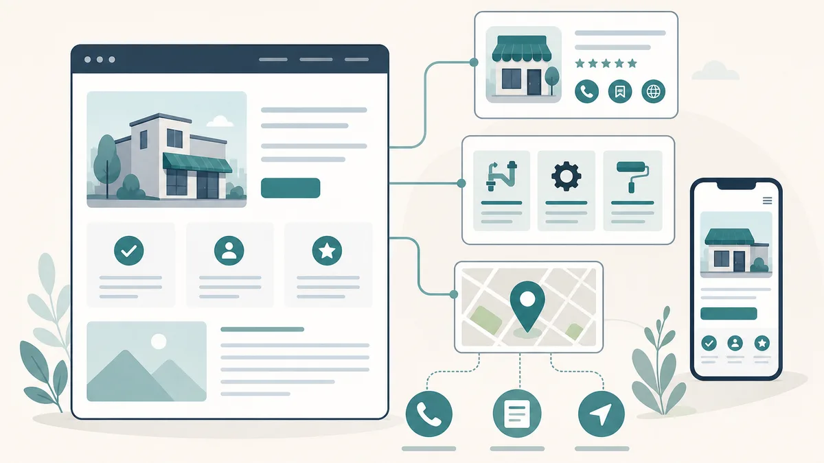 Illustration showing how a business website supports local search visibility