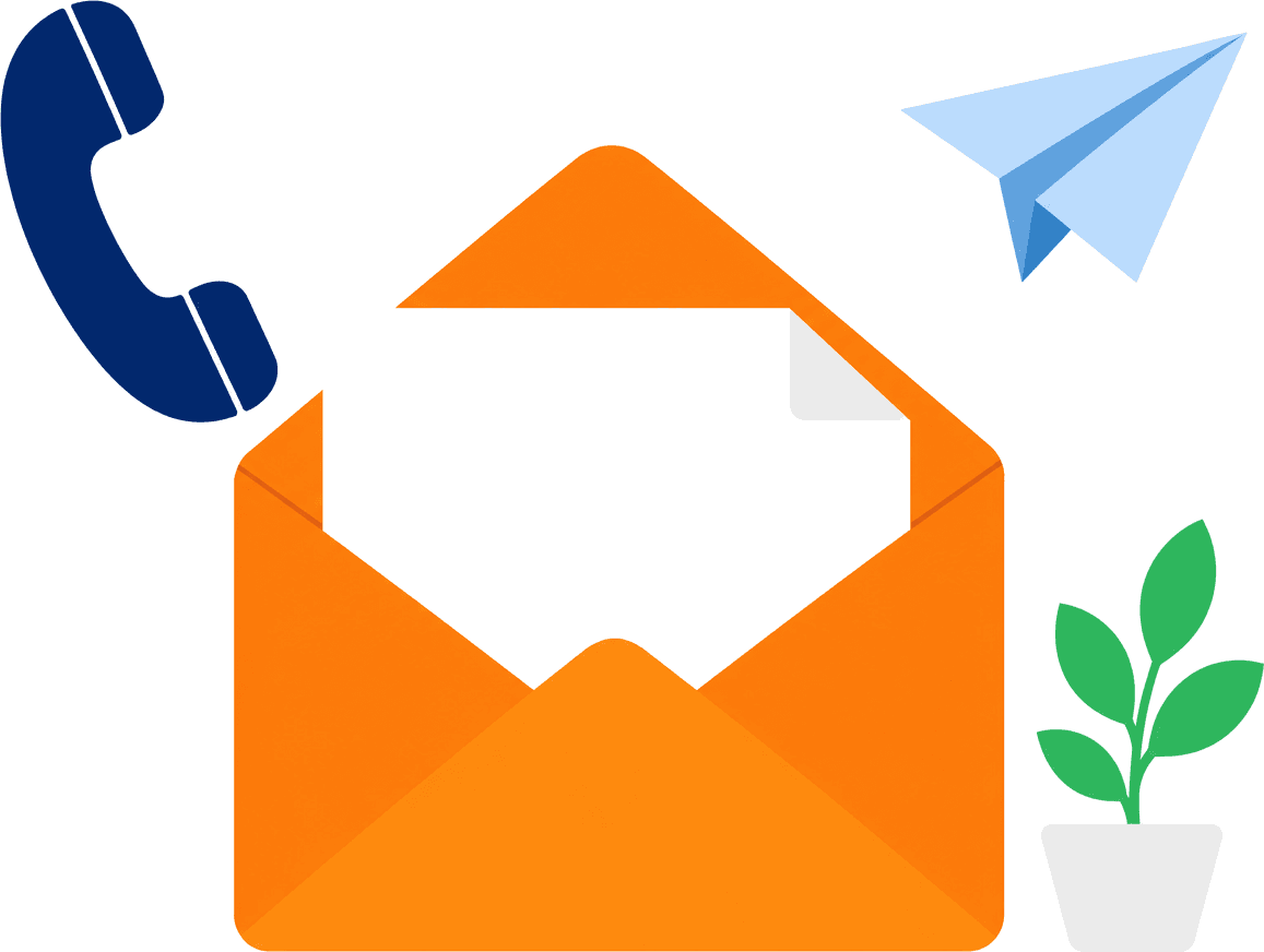 Contact illustration with envelope, phone, and paper plane