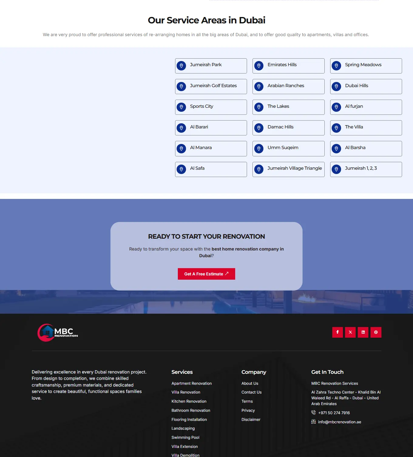 MBC Renovation website footer navigation