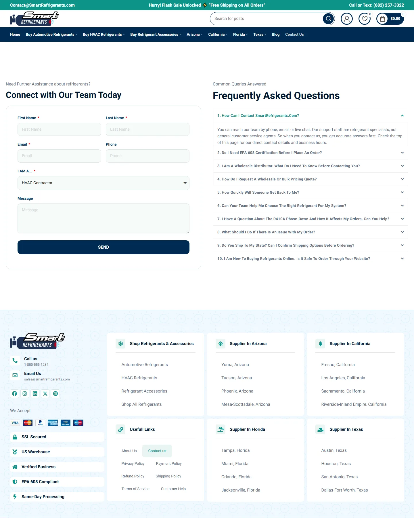 Smart Refrigerants contact page with inquiry paths