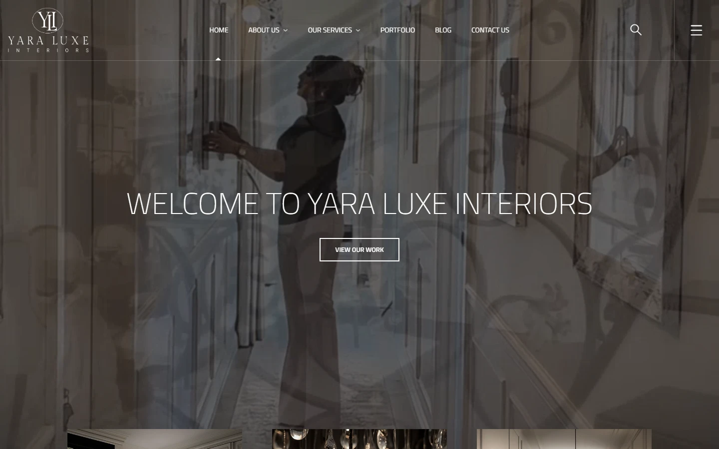 Yara Luxe Interiors homepage hero section with luxury interior design branding